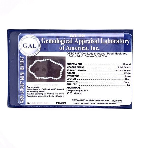 Akoya Pearl Necklace 14k Yellow Gold 8.5 mm 16" Certified $3,950 111841 - Picture 9 of 9